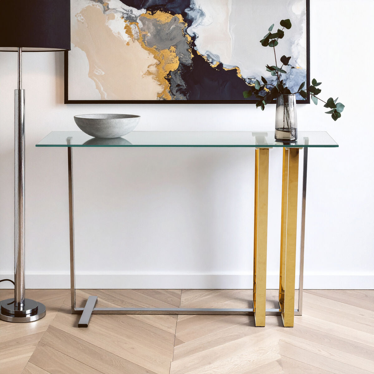 Silver and Gold Steel Frame Console Table with Glass Top, Alvea