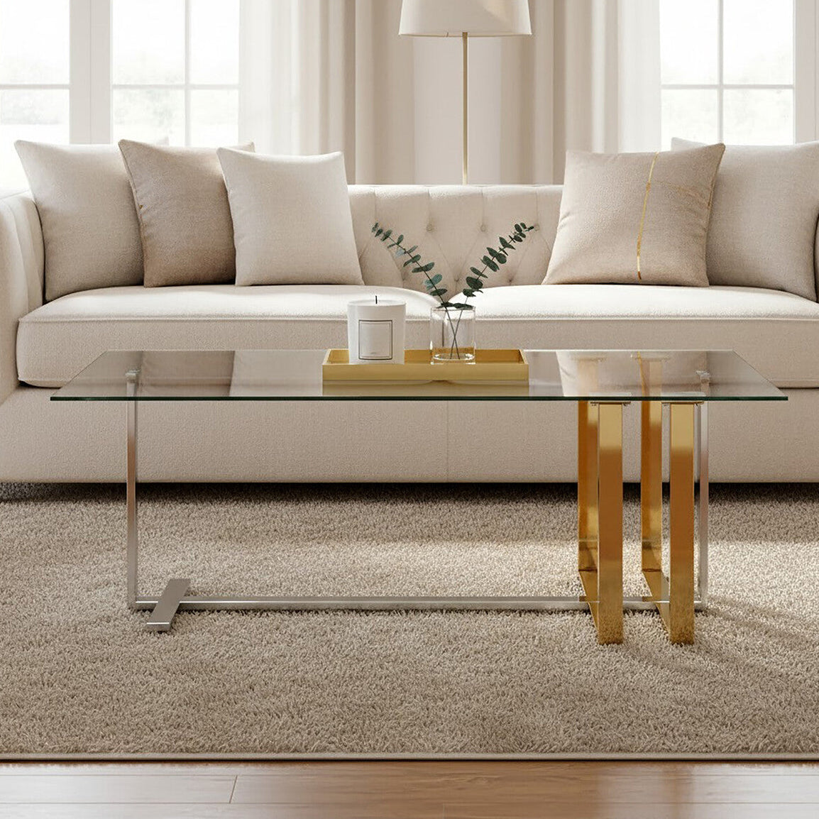 Alvea Gold and Silver Stainless Steel Coffee Table with Clear Tempered Glass Top