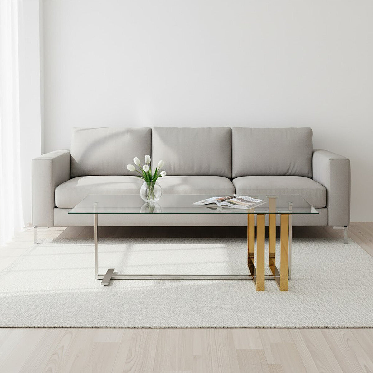 Alvea Gold and Silver Stainless Steel Coffee Table with Clear Tempered Glass Top