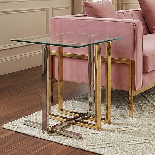 Silver and Gold Steel Frame Side Table with Glass Top, Alvea