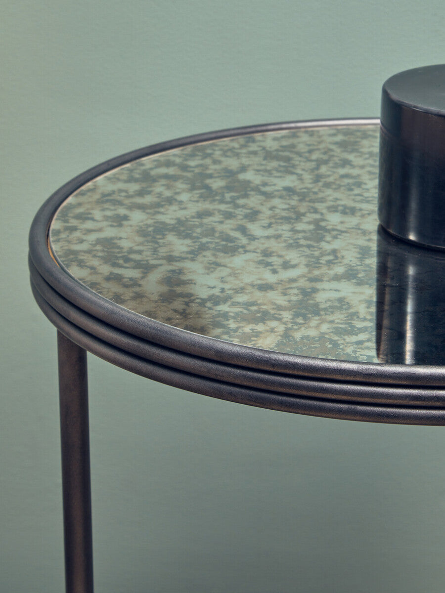 Black and Silver Metal Frame 2-Tier Side Table with Round Mirrored Glass Top, Xania