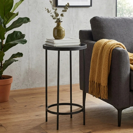 Silver and Black Round Side Table with Antique Mirror Top, Xania