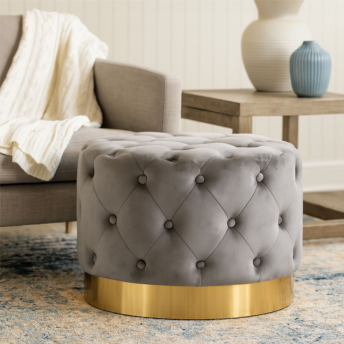 Loretta Grey Velvet Stool with Button Tufting