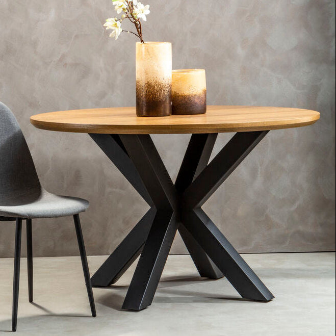 Salford Wood Veneer Round Dining Table With Black Metal Legs