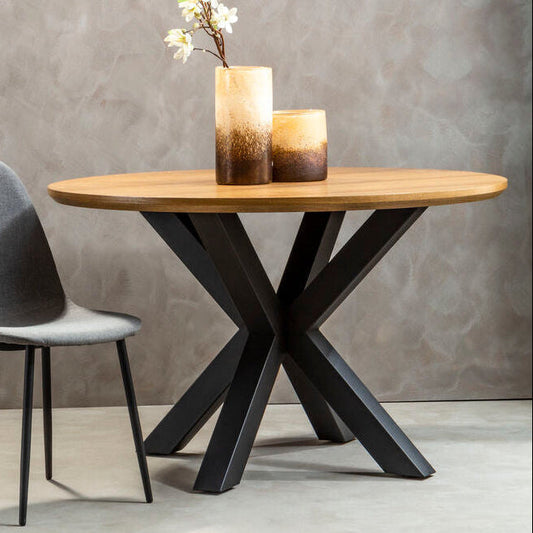 Salford Wood Veneer Round Dining Table With Black Metal Legs