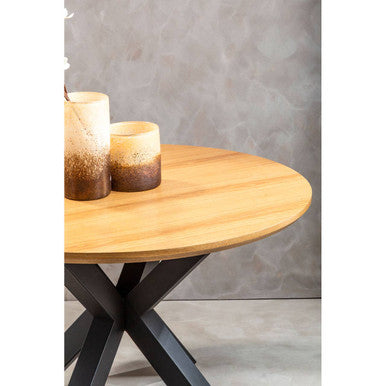 Salford Wood Veneer Round Dining Table With Black Metal Legs