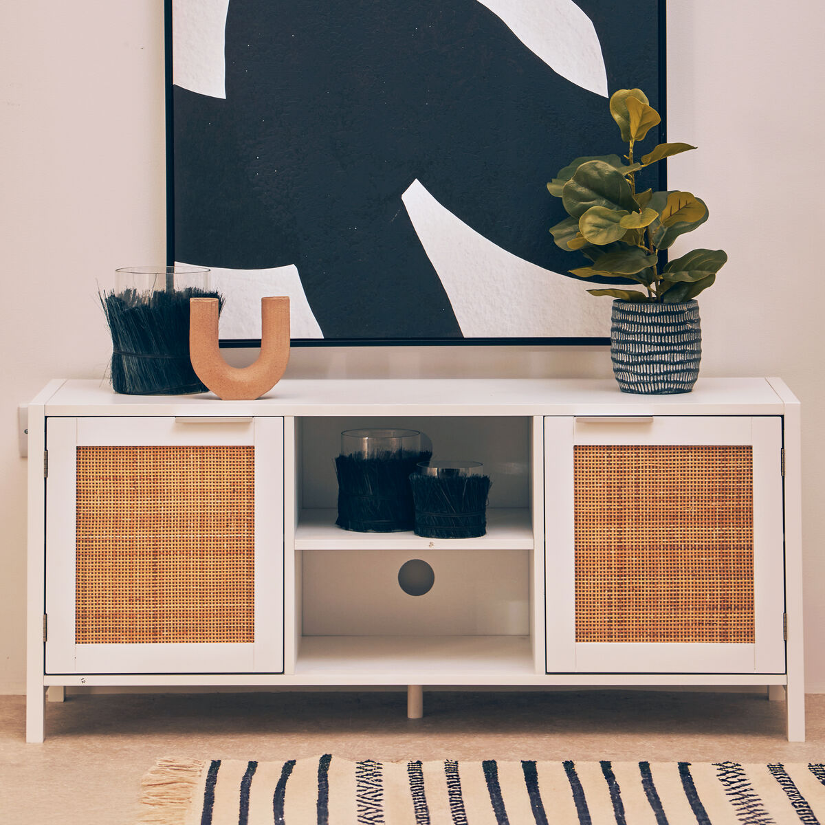 White Wood and Rattan Media Unit | Sherman
