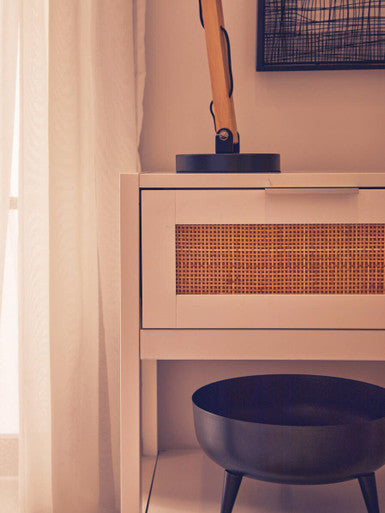 Sherman White Wood and Rattan One Drawer Side Table