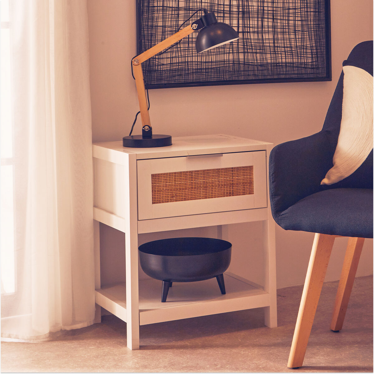 Sherman White Wood and Rattan One Drawer Side Table