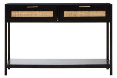 Black Wooden 2-Drawer Console Table with Natural Rattan Panels and Lower Shelf, Sherman