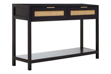 Black Wooden 2-Drawer Console Table with Natural Rattan Panels and Lower Shelf, Sherman
