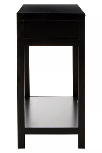 Black Wooden 2-Drawer Console Table with Natural Rattan Panels and Lower Shelf, Sherman