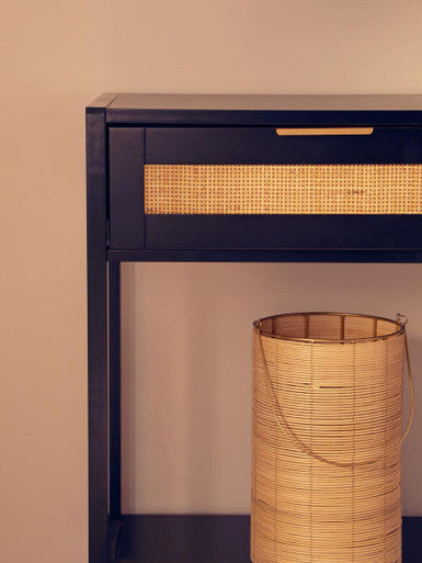 Black Wooden 2-Drawer Console Table with Natural Rattan Panels and Lower Shelf, Sherman