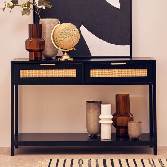 Black Wooden 2-Drawer Console Table with Natural Rattan Panels and Lower Shelf, Sherman