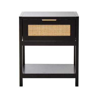Sherman Black Wood and Natural Rattan One Drawer Bedside Table