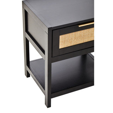 Sherman Black Wood and Natural Rattan One Drawer Bedside Table