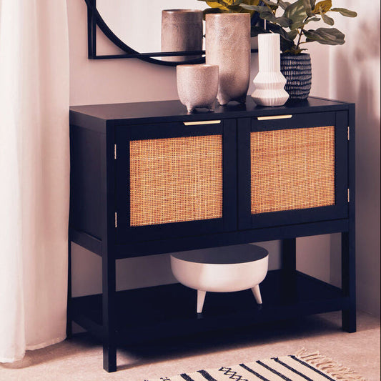 Sherman Black Wood and Rattan Two Door Side Cabinet