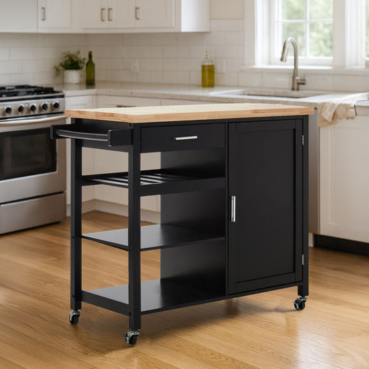 Black Kitchen Trolley with Drawer and Cabinet, Frankfurt