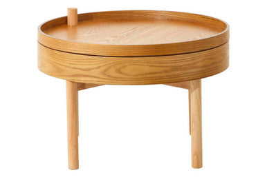 Light Oak Veneer Round Revolving Top Side Table with Hidden Storage Compartment | Viborg