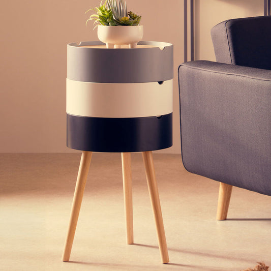 White, Grey and Black Three Tier Storage Side Table with Pine Wood Legs, Viborg