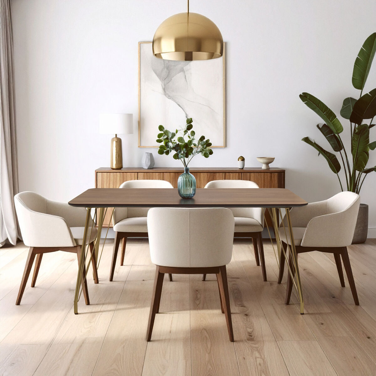 Natural Wood Effect Top Dining Table with Gold Hairpin Metal Base, Veneto