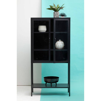 Acier Two Door Black Metal Cabinet with Glass Doors