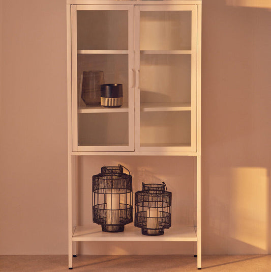 Acier Two Door White Metal Cabinet with Glass Doors