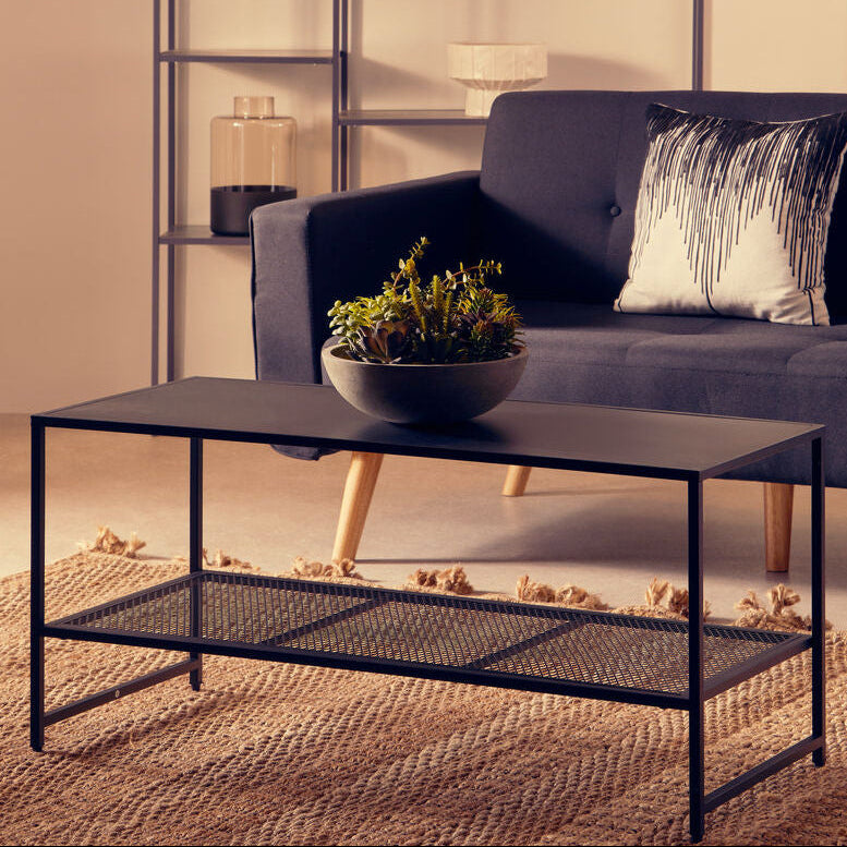 Black Powder Coated Metal Coffee Table with Open Storage Mesh Shelf, Acero | Acero