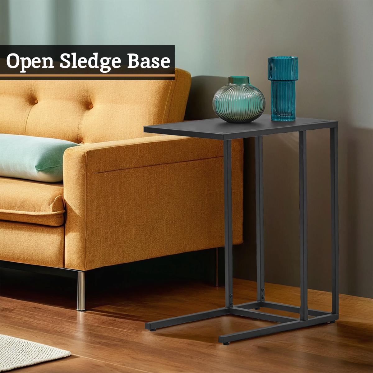 Black Powder Coated Metal Side Table with C-Shaped Design, Acero | Acero