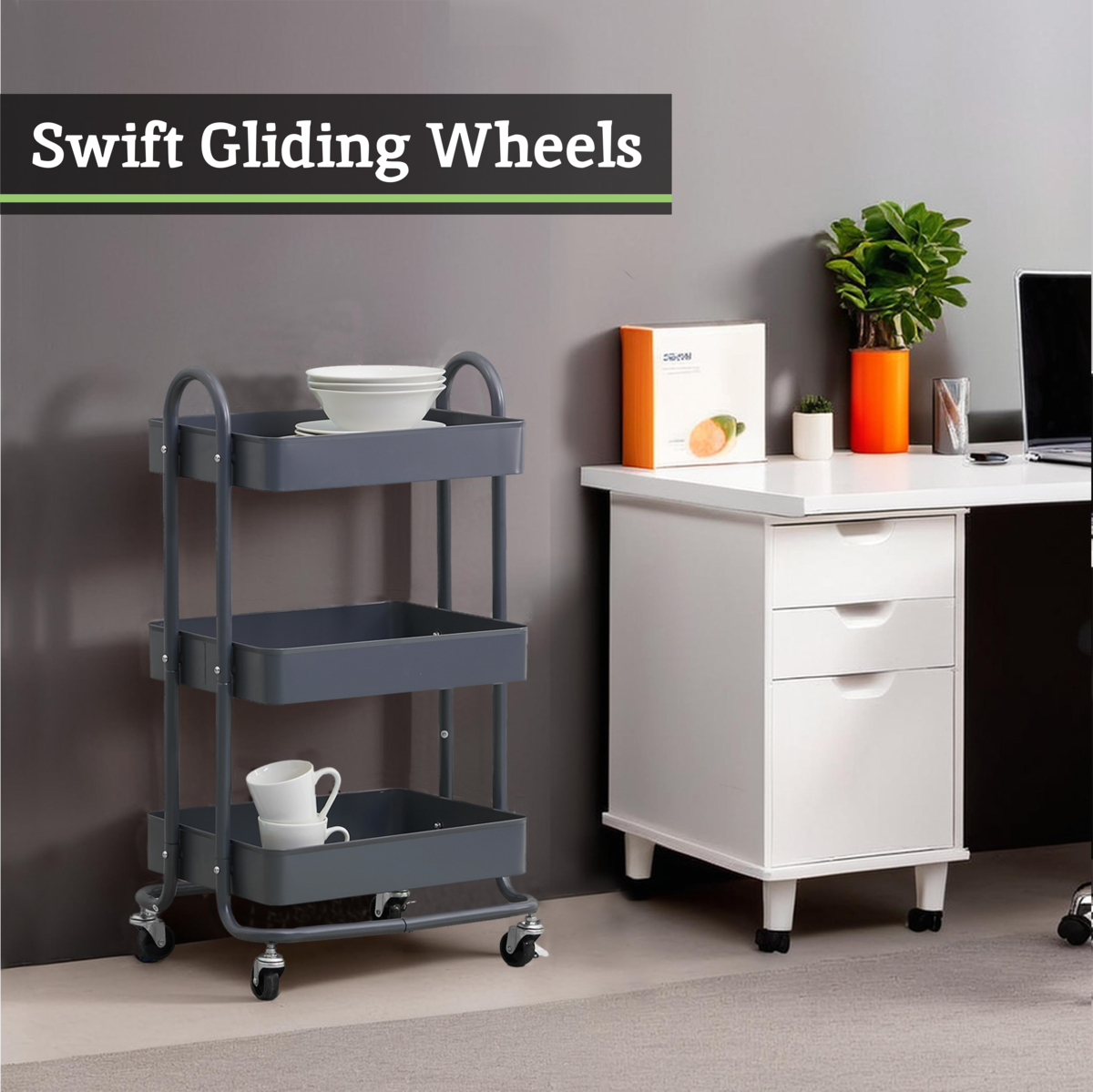 Three Tier Grey Metal Trolley | Acero