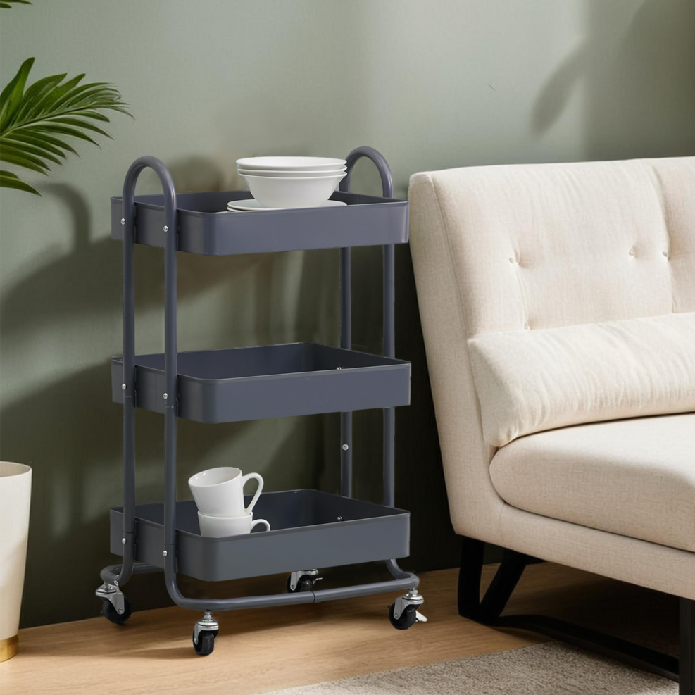 Three Tier Grey Metal Trolley | Acero