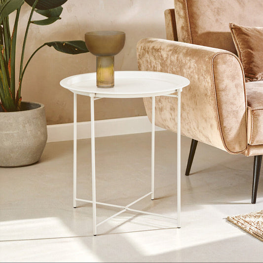 White Powder Coated Metal Round Side Table with Intersecting Cross Base, Acero