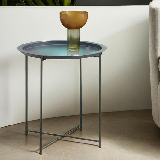 Grey Powder Coated Metal Round Side Table with Intersecting Cross Base, Acero