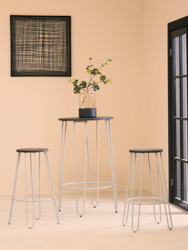 3 Piece Elm Wood Bar Table and Stool Set with Hairpin Legs in Natural Finish | District