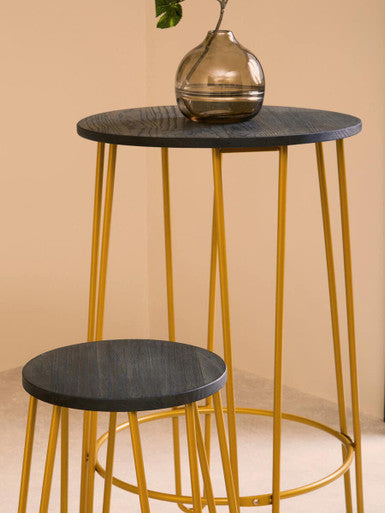 3 Piece Elm Wood Bar Table and Stool Set with Angular Frame in Gold Finish | District