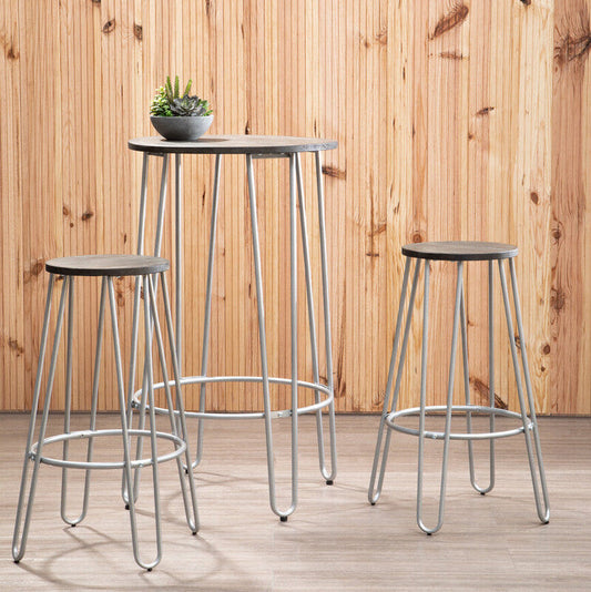 3 Piece Elm Wood Bar Table and Stool Set with Angular Frame in Silver Finish, District