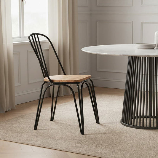 District Dining Chair Elm Wood Seat With Black Finish Metal Frame