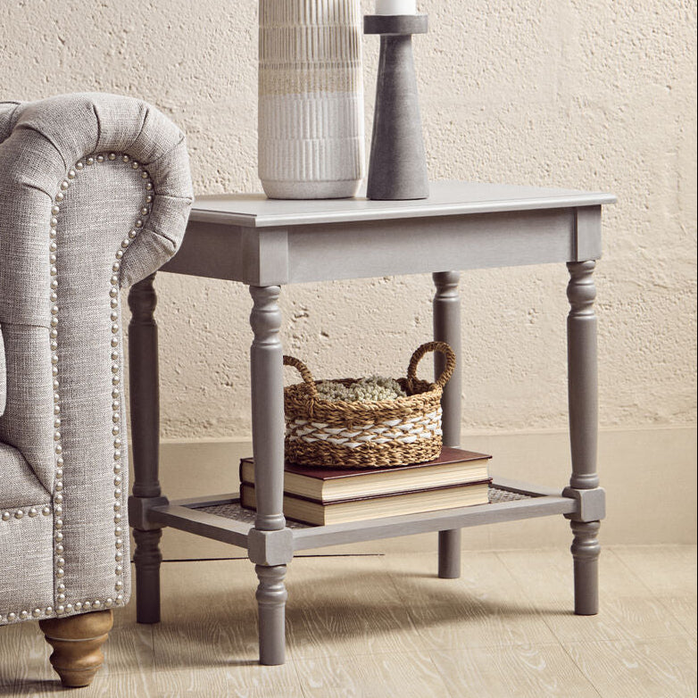 Slate Grey Wooden Side Table with Cane Webbing Detail, Heritage