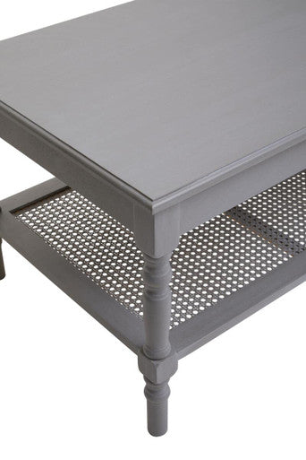 Slate Grey Wooden Coffee Table with Cane Webbed Lower Shelf and Carved Spindle Legs | Heritage