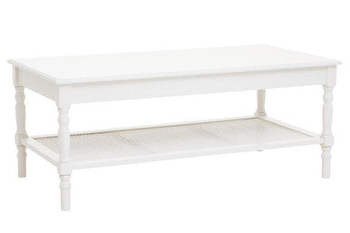 White Wooden Coffee Table with Cane Webbed Lower Shelf and Carved Spindle Legs, Heritage