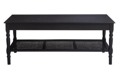 Black Wooden Coffee Table with Cane Webbed Lower Shelf and Carved Spindle Legs, Heritage
