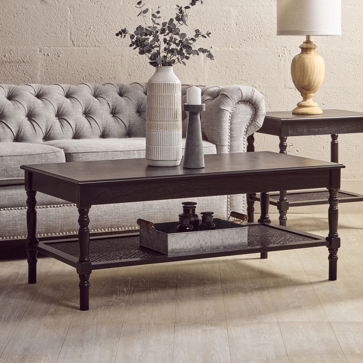 Black Wooden Coffee Table with Cane Webbed Lower Shelf and Carved Spindle Legs, Heritage
