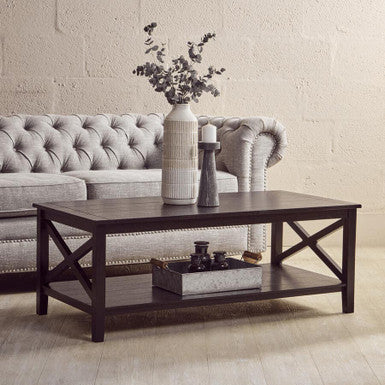 Black Wooden Coffee Table with Lower Shelf and X Frame Side Panels | Heritage