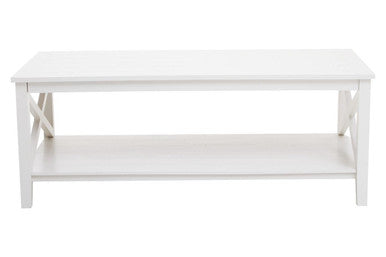 White Wooden Rectangular Coffee Table with Lower Shelf and X Frame Side Panels, Heritage
