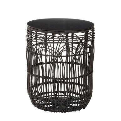 Black Round Rattan Stool or Side Table, Arles