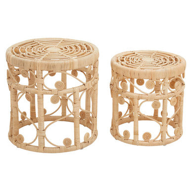 Natural Rattan Set of Two Nesting Tables with Tight Weave Top and Scrolled Base, Mataram