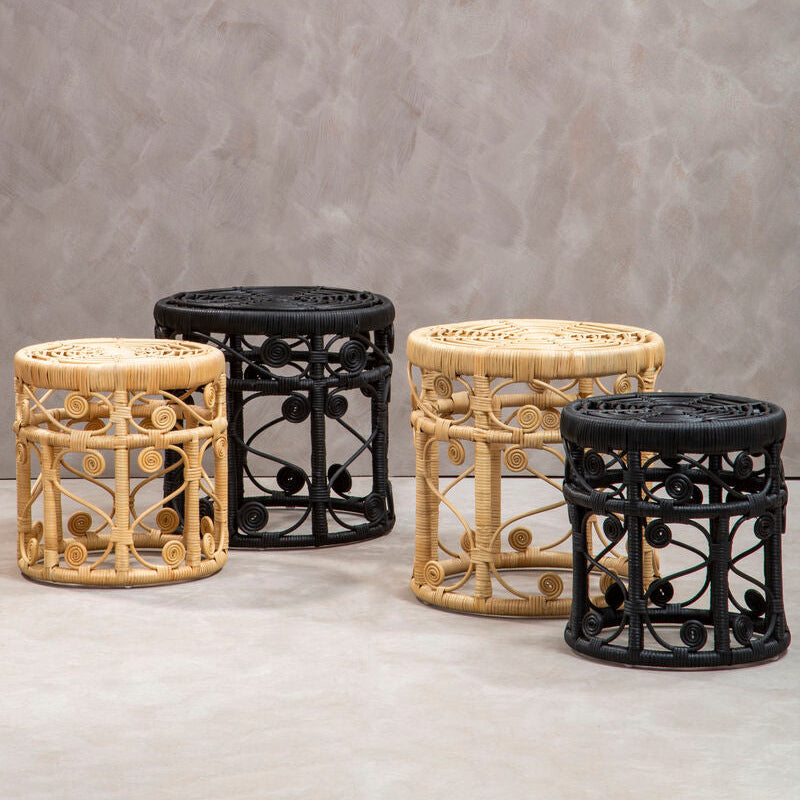 Natural Rattan Set of Two Nesting Tables with Tight Weave Top and Scrolled Base, Mataram