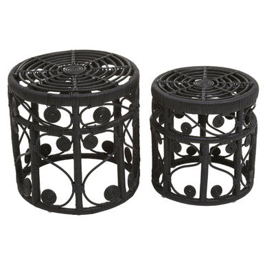 Black Natural Rattan Set of Two Nesting Tables with Tight Weave Top and Scrolled Base | Mataram