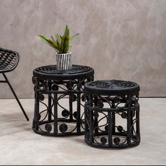 Black Natural Rattan Set of Two Nesting Tables with Tight Weave Top and Scrolled Base, Mataram