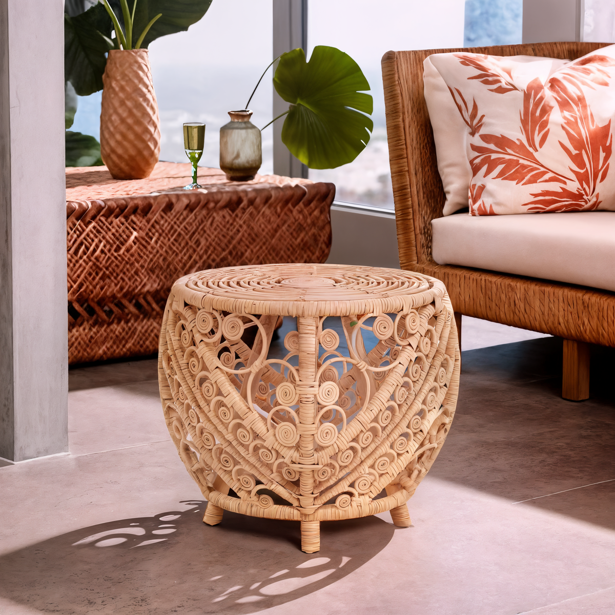 Large Natural Rattan Side Table with Tight Weave and Scrolled Detail, Mataram